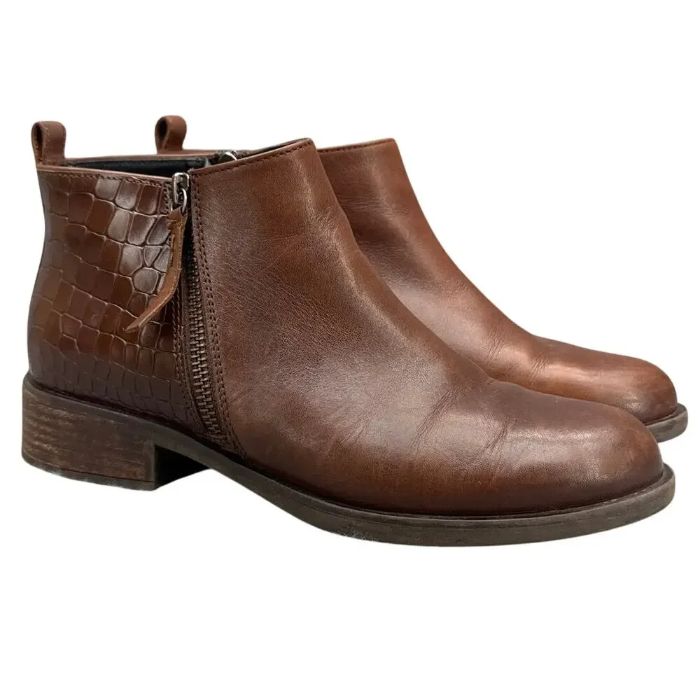 Geox D Resia C Brown Leather Croc Embossed Block Heel Ankle Boot Women 38/7.5-8